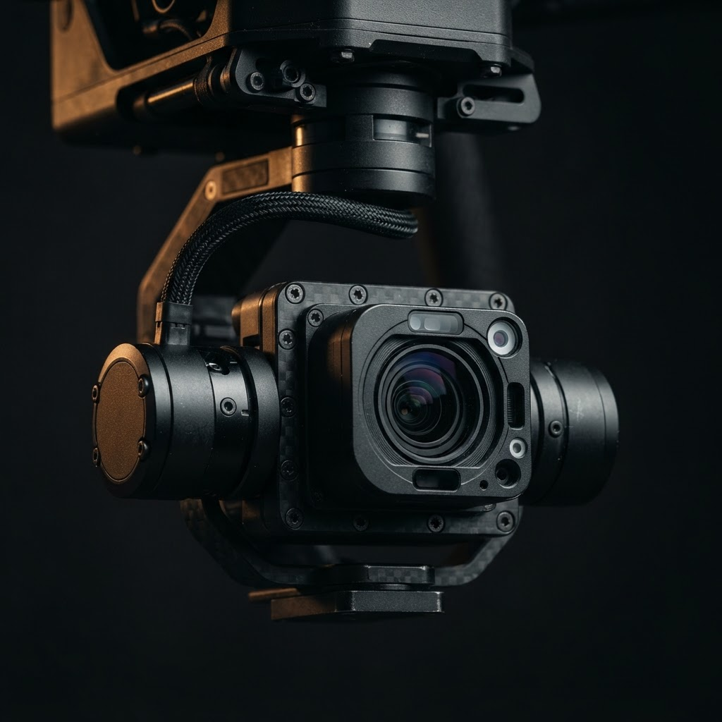 Close-up of an autonomous drone's stabilized gimbal camera and payload hardware